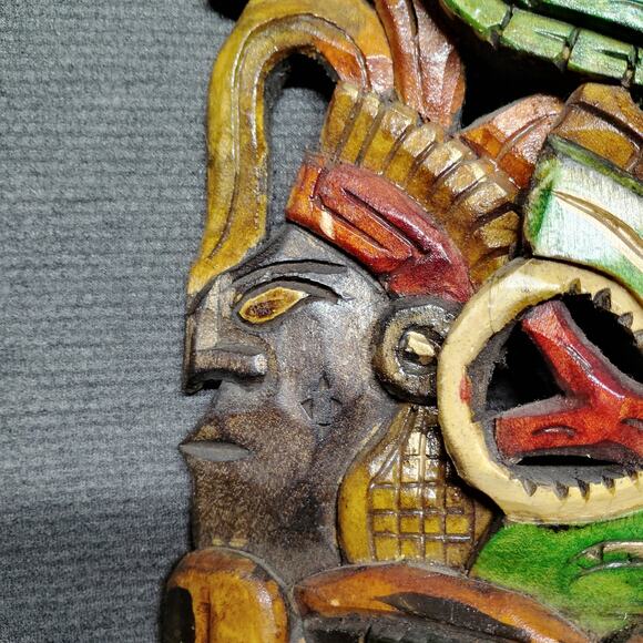 Mexican Folk Art Hand Carved Wooden Mayan Mask - Picture 4 of 9